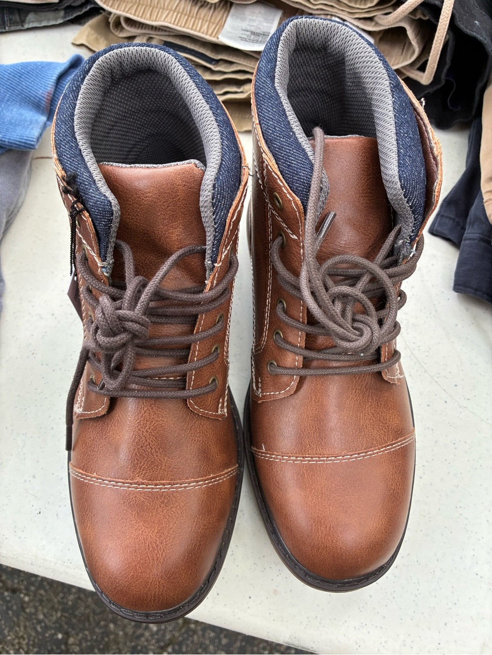 Kohl's Brown Boys Lace-Up Workstyle Boots with Navy Collar
